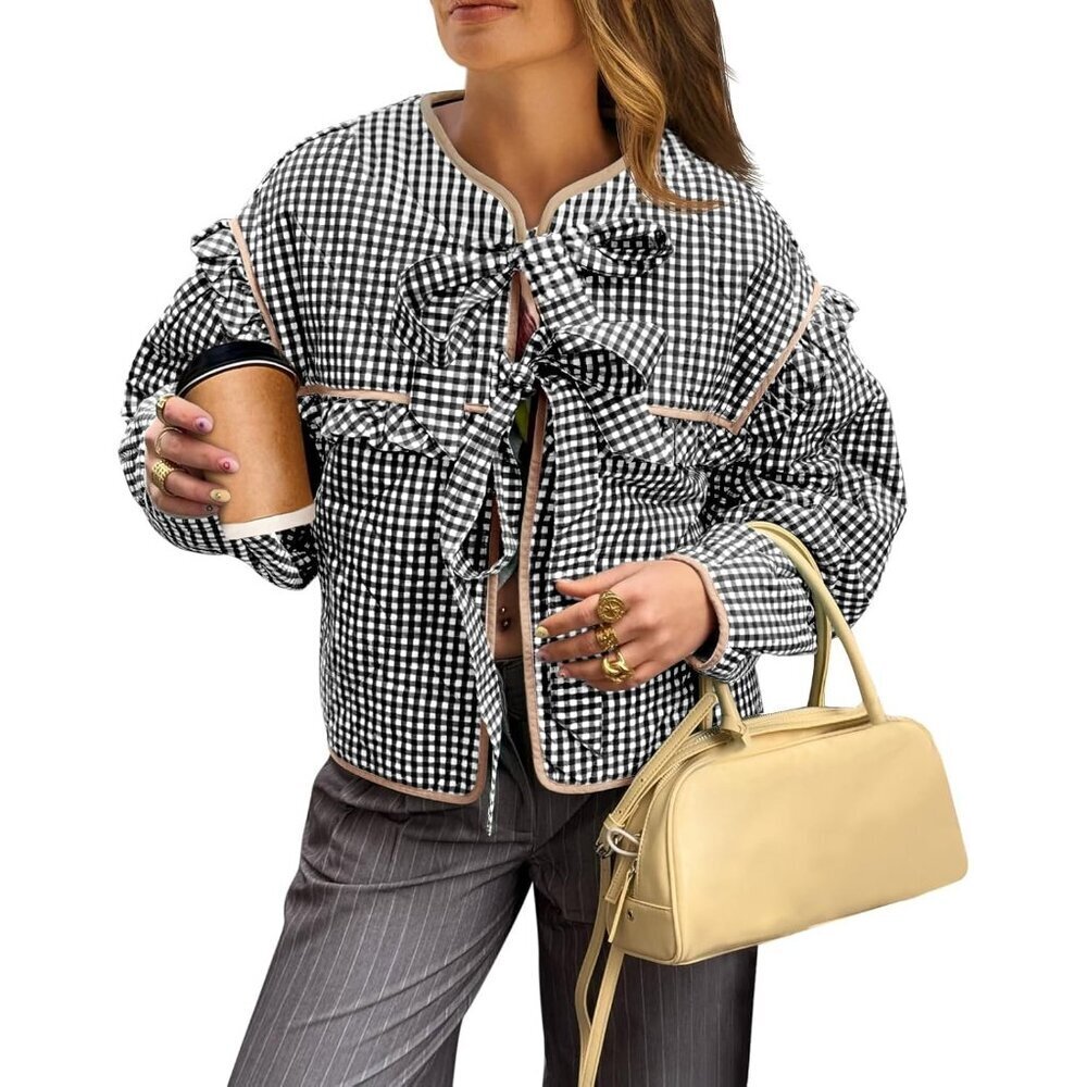 Women’s Black Plaid Quilted Cropped Jacket Tie Front Ruffled Puffer Coat